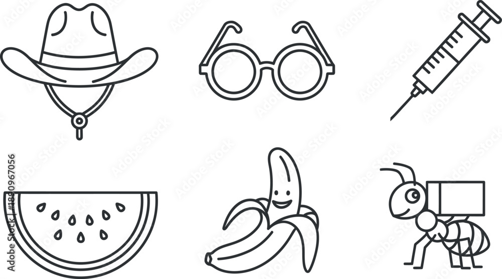 Fototapeta premium Fun icon set featuring cowboy hat, glasses, syringe, watermelon, banana, and caterpillar