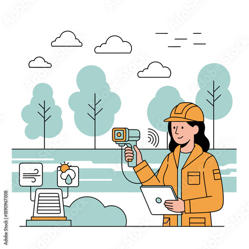 Woman weather scientist using infrared thermometer in outdoor environment