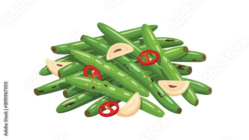Stylized illustration of vibrant green beans artfully arranged with sharp red chili and tender garlic slices highlighting healthy and fresh