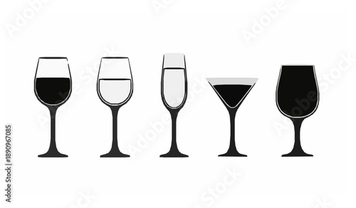Black Silhouette Wine Glass Vector Icon Set with Different Glassware Types for Bar and Restaurant Design