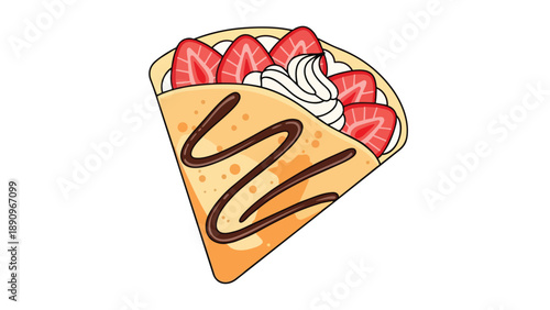 Delightful Folded Crepe Illustration with Fresh Strawberries Whipped Cream and Chocolate Drizzle a Sweet Treat Graphic Element