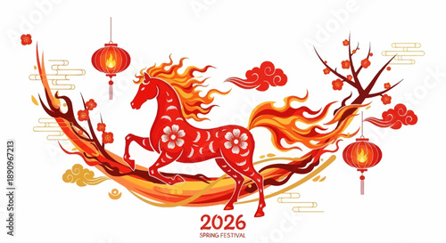 Vector illustration of a Fire Horse zodiac design for the 2026 Chinese New Year celebration with red lanterns and traditional decorations on a white background.