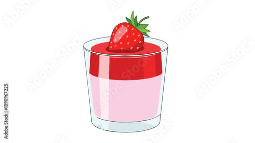 Vector illustration of a two-layered strawberry dessert. Pink base, red topping, fresh strawberry in a glass. Sweet, simple, food graphic for menus.