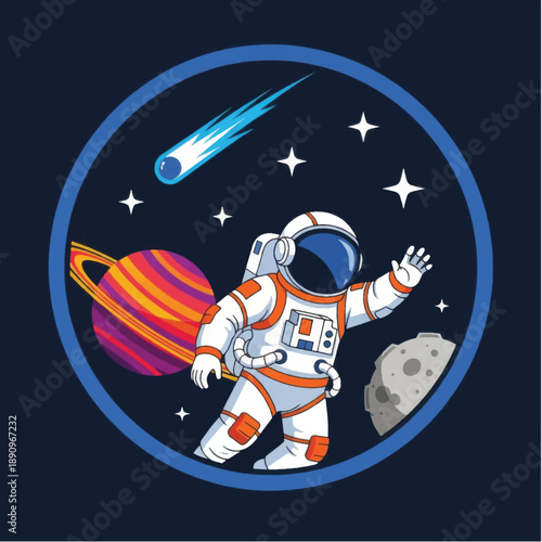 Astronaut in Space Suit Floating Near Planet.