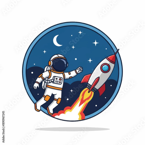 Astronaut in Space Suit Floating Near Rocket.