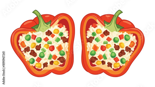 Colorful stylized illustration of two delicious stuffed red bell peppers, brimming with rice, meat, and vegetables