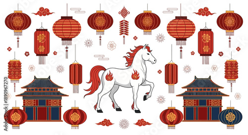 Vector illustration of a white horse with red mane and tail, surrounded by red lanterns, traditional Chinese buildings, and red envelopes, celebrating the 2026 Chinese New Year with a Fire