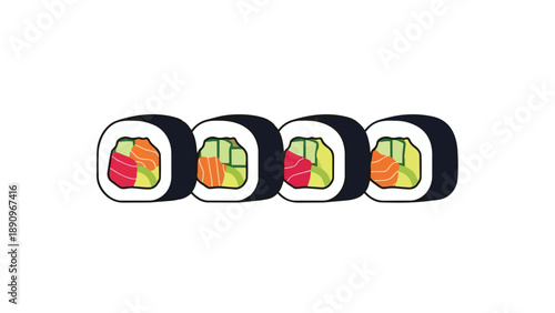 Colorful hand-drawn maki rolls in a vibrant row. A minimalist design of four fresh sushi pieces