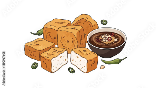 Crispy fried tofu squares with a savory dipping sauce and fresh green chilies