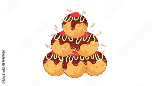 Stacked takoyaki, richly sauced with mayo and garnish. Appetizing Japanese street food art.