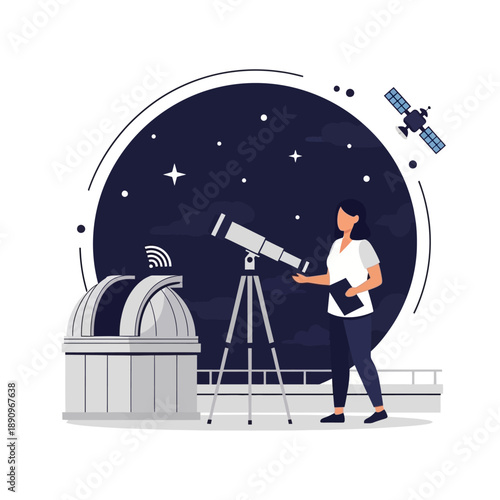 Astronomer observing stars with telescope at observatory with satellite overhead