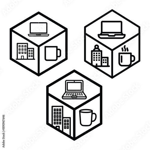 Minimalist hybrid work environment hexagon icons set