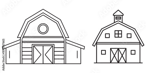 Two barn illustrations farm buildings on white background