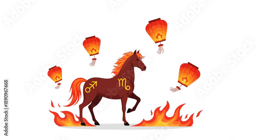 Vector illustration of a Fire Horse zodiac symbol with red lanterns and traditional decorations for Chinese New Year celebration on a white background.