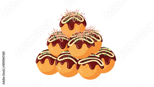 Illustrative stack of golden takoyaki topped with savory and creamy sauces and delicate flakes