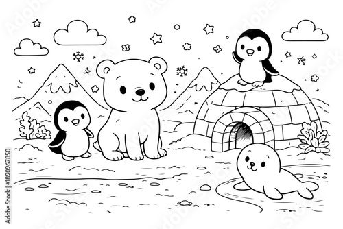 Cute Polar Bear, Penguins, and Seal in Snowy Arctic Landscape with Igloo and Mountains