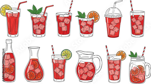Hand drawn red summer drinks collection with ice lemon orange mint in glasses bottles and jars isolated