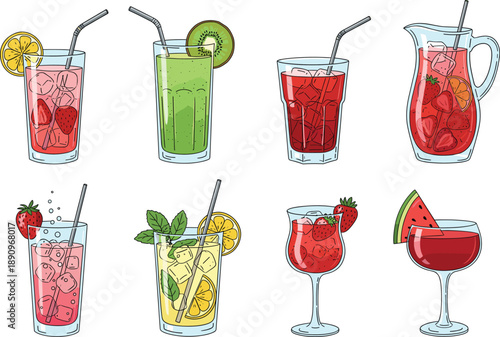 Hand drawn fresh fruit drinks and cocktails collection with ice lemon strawberry kiwi mint isolated on white background
