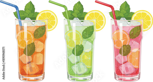 Refreshing colorful lemonade drinks with ice cubes lemon slices mint leaves and straws in tall glass cups