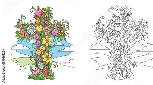 Floral Christian Cross with Spring Flowers Vector Illustration with Coloring Page Outline, Religious Easter Symbol with Tulips and Daffodils in Nature Landscape