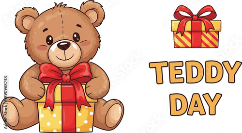Adorable cartoon teddy bear character sweetly sitting and holding a brightly wrapped present illustration celebrating a special occasion like teddy day.