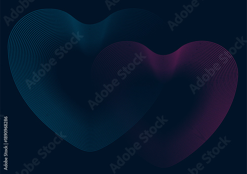 Glowing blue purple linear hearts Valentines Day abstract background. Vector greeting card shiny design