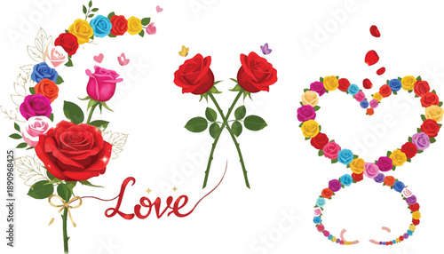 Beautiful vibrant collection of romantic rose graphics featuring heart shapes an infinity symbol and decorative elements for celebration