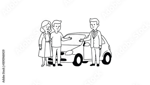 A cartoon illustration of a car salesman handing over keys