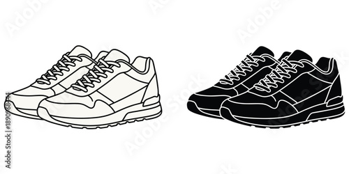 Black and White Outline and Silhouette of Fashion Sneakers shoes footwear