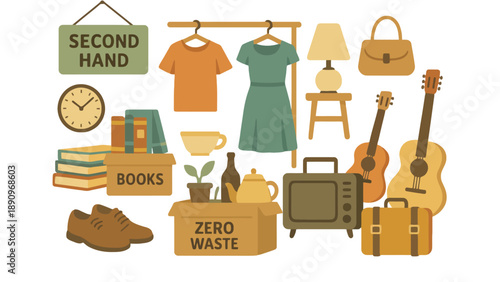 A colorful illustration of second-hand items for sustainable living