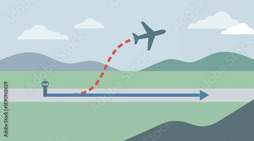 Airplane Taking Off from Airport Runway in Scenic Landscape Environment