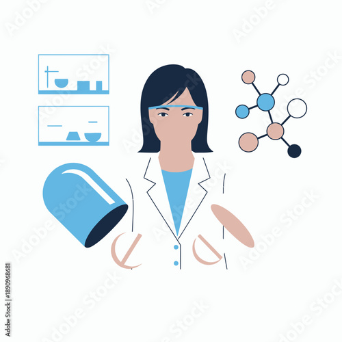 Woman pharmacist or chemist with pill capsule and molecule structure