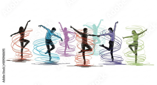 Diverse people dancing energetically with colorful swirling lines around them on white background