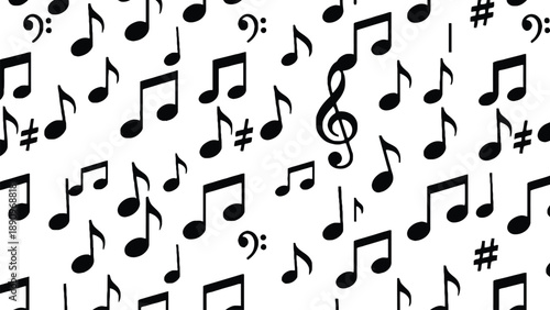 A seamless pattern of black musical notes on a white background