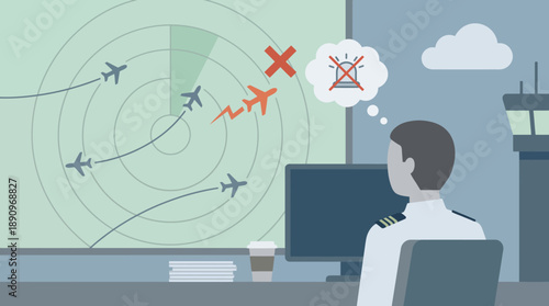 Pilot Monitoring Air Traffic Control, Aircraft Safety, Control Room, Graphic Illustration, Digital Environment