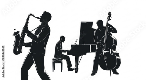 Silhouettes of jazz musicians playing saxophone piano and double bass on white background