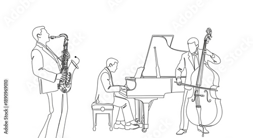 Jazz musicians playing saxophone piano and double bass in a line drawing style