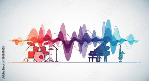 Vibrant music instruments with colorful sound wave background piano drums guitar