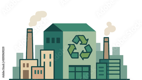 An illustration of a factory with a recycling symbol on it