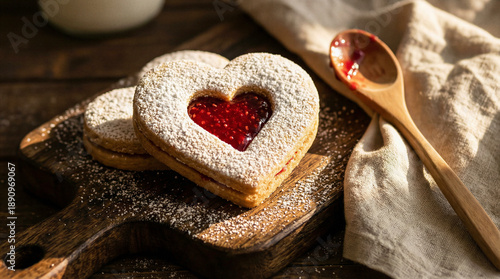 Wallpaper Mural Heart shaped linzer cookie filled with raspberry jam on wooden board. Homemade sweet treat for mothers day celebration. Baking concept and loving dessert idea Torontodigital.ca