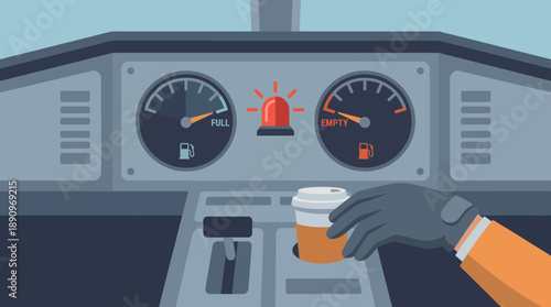 Cockpit Dashboard Alert with Coffee Cup in Modern Aircraft Interior