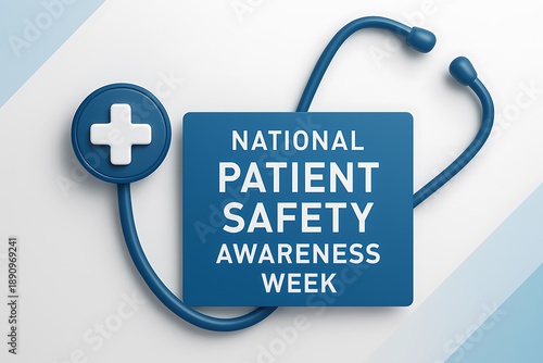 National Patient Safety Awareness Week with a stethoscope and blue sign