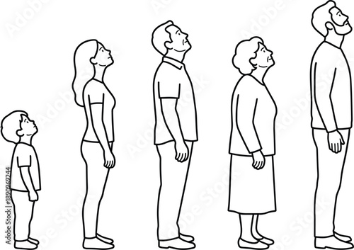 Line Drawing Of People Of Different Ages Standing In A Row Looking Up Keywords: age, aging, adult, baby, boy, child, childhood