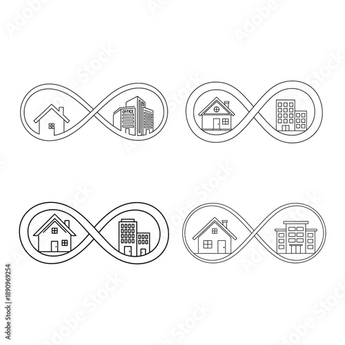 Hybrid work model infinity line icons set