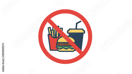 A graphic illustration of a prohibition sign over food and drink