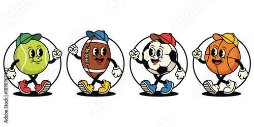 Retro cartoon sports balls with faces and hats on white background Keywords: tennis ball, football, soccer ball, basketball