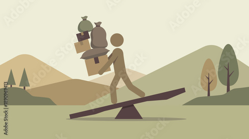 A Figure Carrying Loads on a Seesaw in a Nature Landscape