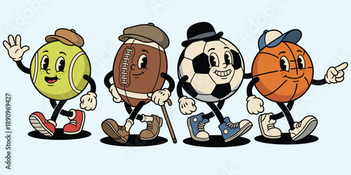 Retro cartoon sports balls with faces and hats walking on light blue background Keywords: tennis ball, football, soccer ball