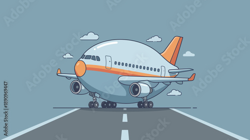 Airplane Landing on Runway, Aviation Scene, Clear Sky, Digital Illustration, Cartoon Style