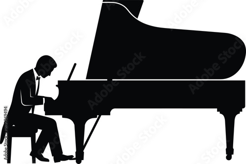 Pianist Silhouette Playing Grand Piano Formal Attire vector illustration